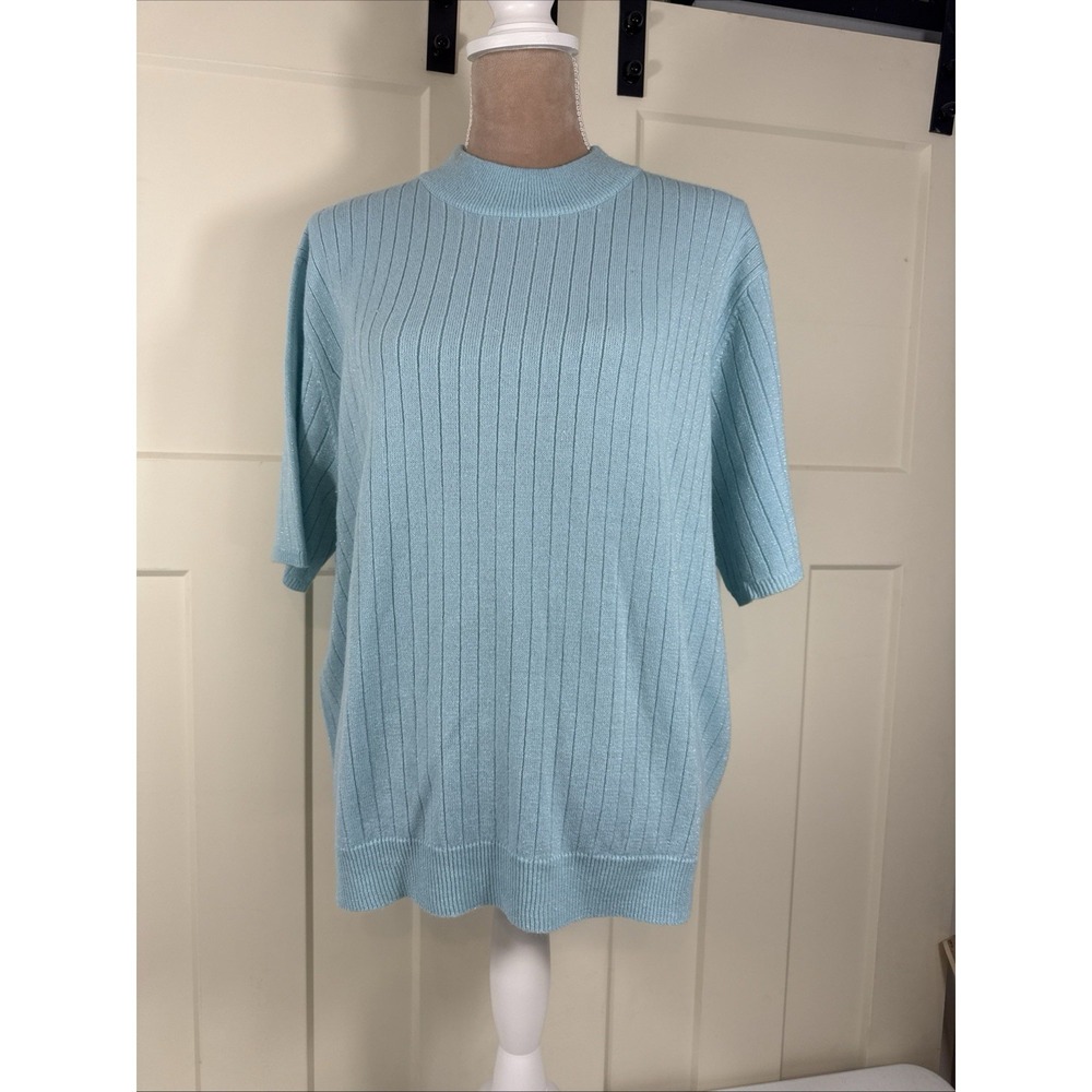 Sag Harbor Womens 2X Mock Neck Sweater Aqua Blue Ribbed Knit Short Sleeve Resort
